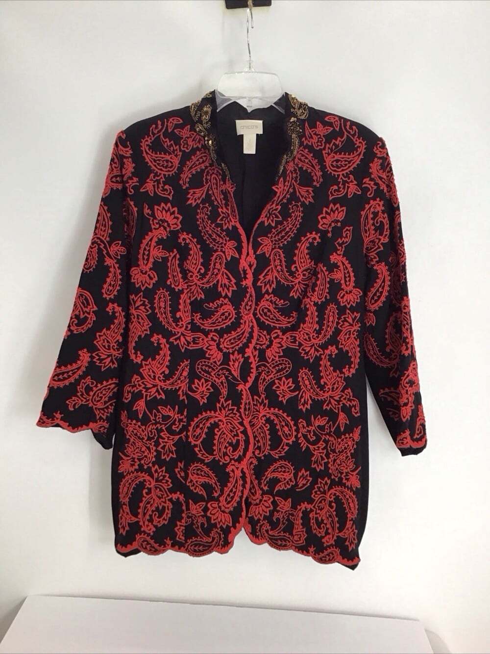 Chicos Limited Edition Collectible Embroidered Jacket Velvet Collar Y2K Size 1